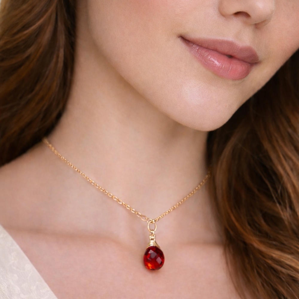 Handmade Red Ruby Pendant, 14k Gold Filled Wire Wrapped Necklace July Birthstone